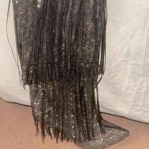 Rhinestone threaded fringe knee high boots